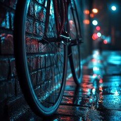 Poster - Rainy night bicycle rest: A close-up of a bike leaning against a brick wall with reflections of city lights in puddles.