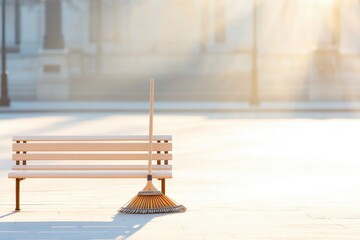 Poster - clean city square with lone broom leaning against bench surrounded by soft sunlight and wide copy space