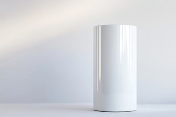 Poster - clean mockup of white cylindrical container standing upright on plain white background with soft shadows
