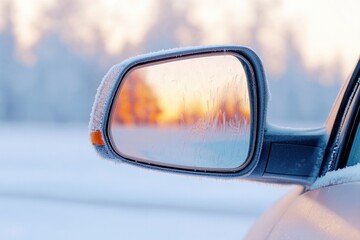 Poster - close-up of car side mirror being polished frosty surroundings reflecting on its surface creating cl