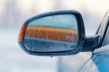 Poster - close-up of car side mirror being polished frosty surroundings reflecting on its surface creating cl