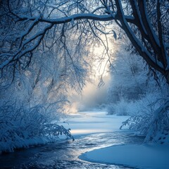 Poster - Winter's Embrace: Frozen River and Snow-Covered Trees Bathed in Morning Light Through Snowy Forest, A Cold and Serene Scenery 