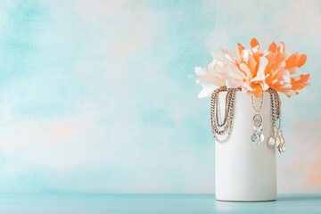 Poster - creative shot of trendy accessory display with layered necklaces and statement earrings arranged against textured pastel