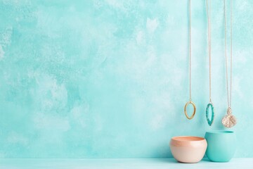 Poster - creative shot of trendy accessory display with layered necklaces and statement earrings arranged against textured pastel