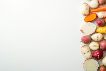 Poster - dynamic image of mixed root vegetables arranged symmetrically on clean white background with generou