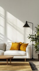 Poster - Sunlight streams through large windows, creating patterns on the wall as a stylish white sofa adorned with yellow cushions invites relaxation in this contemporary living space
