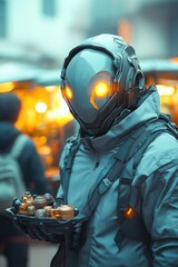 Poster - humanoid alien merchant with glowing eyes presenting rare artifacts to traveler futuristic market st