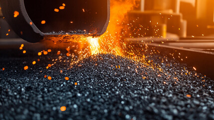 Aufkleber - Molten metal flows from forge onto black surface with sparks Generative AI