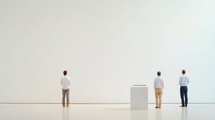 Poster - minimalist auction room with clean white walls and modern podium where bidders engage in silent but 