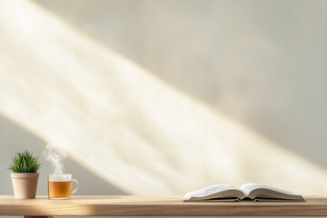 Poster - minimalist wooden desk with open psychology book steaming cup of tea and small potted plant bathed in soft morning