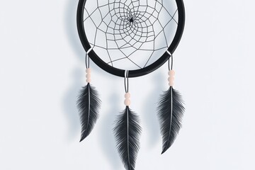 Poster - monochrome vector design of intricate dreamcatcher with delicate feathers and symmetrical details