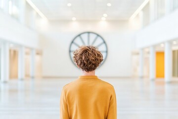 Poster - person gazing at large wall clock in bright modern interior contemplating concept of time