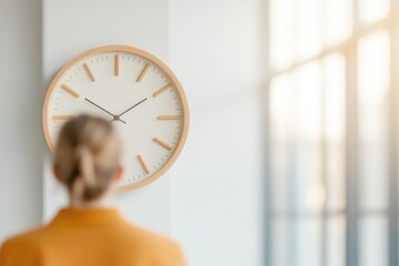 Poster - person gazing at large wall clock in bright modern interior contemplating concept of time
