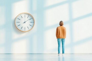 Poster - person gazing at large wall clock in bright modern interior contemplating concept of time