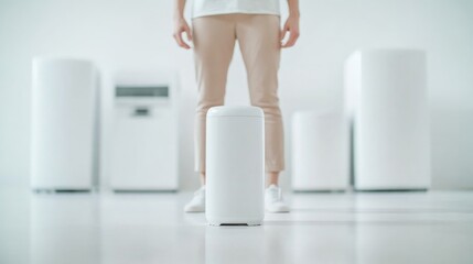 Poster - person of any race age and gender demonstrates modern home appliances with focused expression