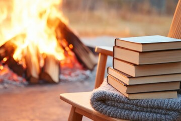 Poster - picturesque image of stack of books beside roaring fire with woolen blanket folded on nearby chair w
