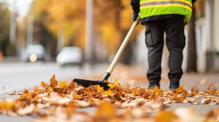 Poster - reflective worker in neon safety vest sweeping autumn leaves off sidewalk set against blurred background with wide