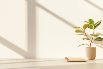 Poster - serene minimalist workspace with sleek desk featuring subtle plant and notebook soft natural light s