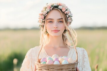 Poster - serene portrait of young woman wearing floral wreath and holding wicker basket filled with easter eggs with blurred