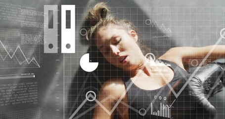 Poster - Wearing boxing gloves, woman with animation of data charts in school setting