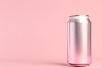 Poster - sleek aluminum can mockup placed on muted pink solid background with even lighting and generous copy space