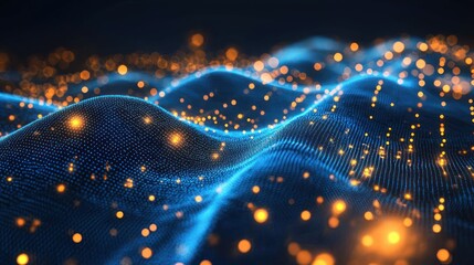 Poster - Abstract Digital Wave Landscape: Blue and Gold Particle Field