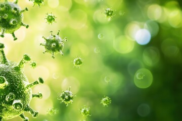 Poster - Green background with floating virus-like structures in a vibrant abstract representation
