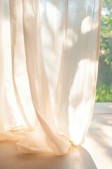 Poster - fresh air indoors as sheer curtains sway gently framing picturesque garden view bathed in sunlight
