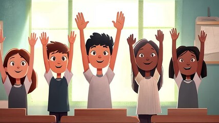 Poster - Schoolkids Enthusiastically Raising Hands During Classroom Activity Generative AI