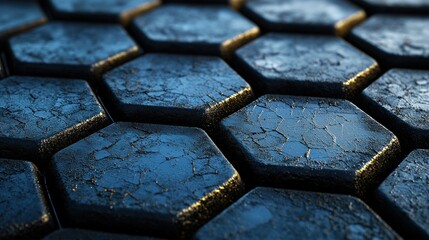 Poster - Abstract Hexagonal Pattern: Dark Blue Cracked Stone Texture