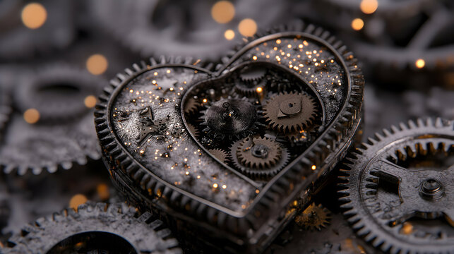 Dark Grey Metal Heart with Gold Gears and Sparkles
