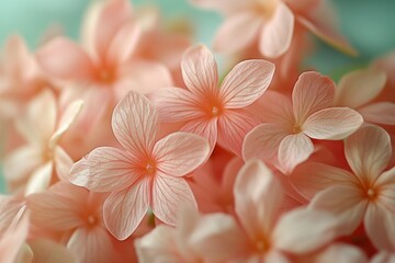 Poster - A close-up view of soft, delicate pink flowers with intricate petals, creating a lush and vibrant floral background. The flowers are scattered across the frame