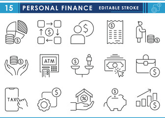 Poster - A set of line icons related to Personal Finance. Financial, budget, money, use, growth, tax, balance, and so on. Vector editable stroke.