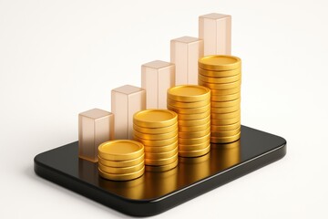 Poster - Financial Growth and Trend: Illustrative depiction of financial trends through the clever juxtaposition of stacked coins alongside rising bar graphs on a sleek, digital device