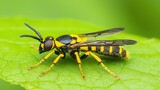 Yellow Jacket Wasp Closeup, Detailed macro shot of a yellow jacket wasp on a leaf.