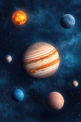 Wall Mural - A vibrant depiction of the solar system featuring planets including Jupiter, surrounded by a starry space backdrop.