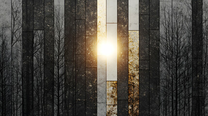 Aufkleber - Golden Sunbeams Through Dark Forest Vertical Lines Texture