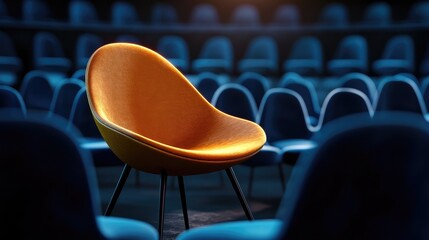 Poster - A vibrant yellow chair illuminated under a spotlight, surrounded by blue chairs in a sleek modern interior, 3D rendering.