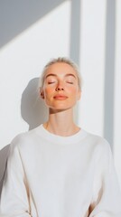 Poster - Minimalist Wellness Moment Gen Z Mindfulness Portrait Showcasing Serene Urban Self-Care Aesthetic in Soft Light - Emotional Resilience and Mental Health Content