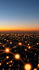 Fototapete - Hyperconnected Urban Nexus Futuristic IoT Network Visualization Illuminating Smart City Infrastructure at Twilight Horizon - Digital Transformation Breakthrough