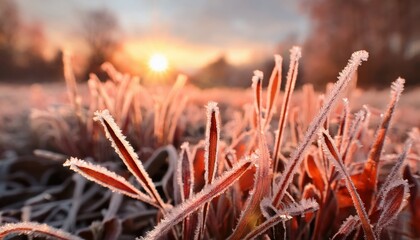 Poster - frost covered grass blades glowing in golden sunrise light, winter nature close-up, seasonal background for design