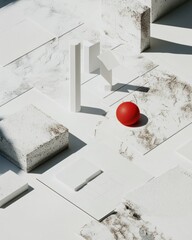 Poster - Minimalist Geometric Contrast Bold Red Sphere Disrupting Monochromatic Architectural Landscape - Contemporary Design Innovation and Creative Problem-Solving Visualization