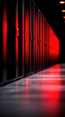 Fototapete - Cybersecurity Illumination Advanced Data Center Architecture with Crimson AI-Driven Infrastructure Visualization - Next-Gen Digital Resilience Pathway