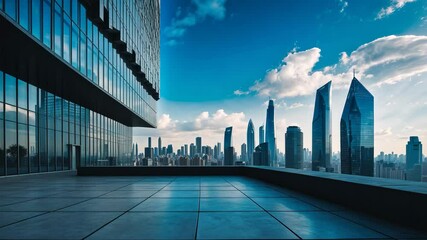 Poster - vacant square floor featuring a backdrop of contemporary commercial buildings. panoramic perspective