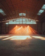 Poster - Industrial Chic Lighting Design Moody Warehouse Illumination Showcasing Cinematic Stage Aesthetics with Warm Amber Projection Techniques for Creative Event Spaces