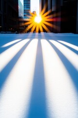 Poster - Urban Solar Symphony Radiant Sunburst Illuminating Minimalist Cityscape with Dynamic Light Rays - Architectural Perspective and Geometric Winter Visualization