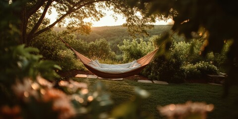 Poster - Golden Hour Serenity Eco-Conscious Hammock Retreat Showcasing Tranquil Remote Work Lifestyle for Digital Nomads Seeking Nature-Integrated Productivity and Personal Wellness