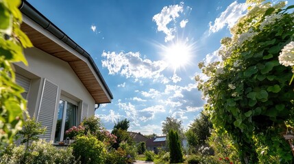 Leinwandbilder - Small modern house with a sharp architectural design, under a bright blue sky filled with gentle clouds.