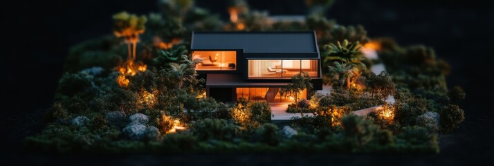 Aufkleber - Eco-Minimalist Night Oasis Illuminated Sustainable Architecture Nestled in Lush Landscape - Modern Living Design Showcasing Harmony Between Technology and Nature