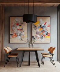 Poster - Modern Minimalist Workspace Abstract Art-Inspired Interior Design with Warm Wood Tones, Geometric Furniture and Contemporary Cultural Expression